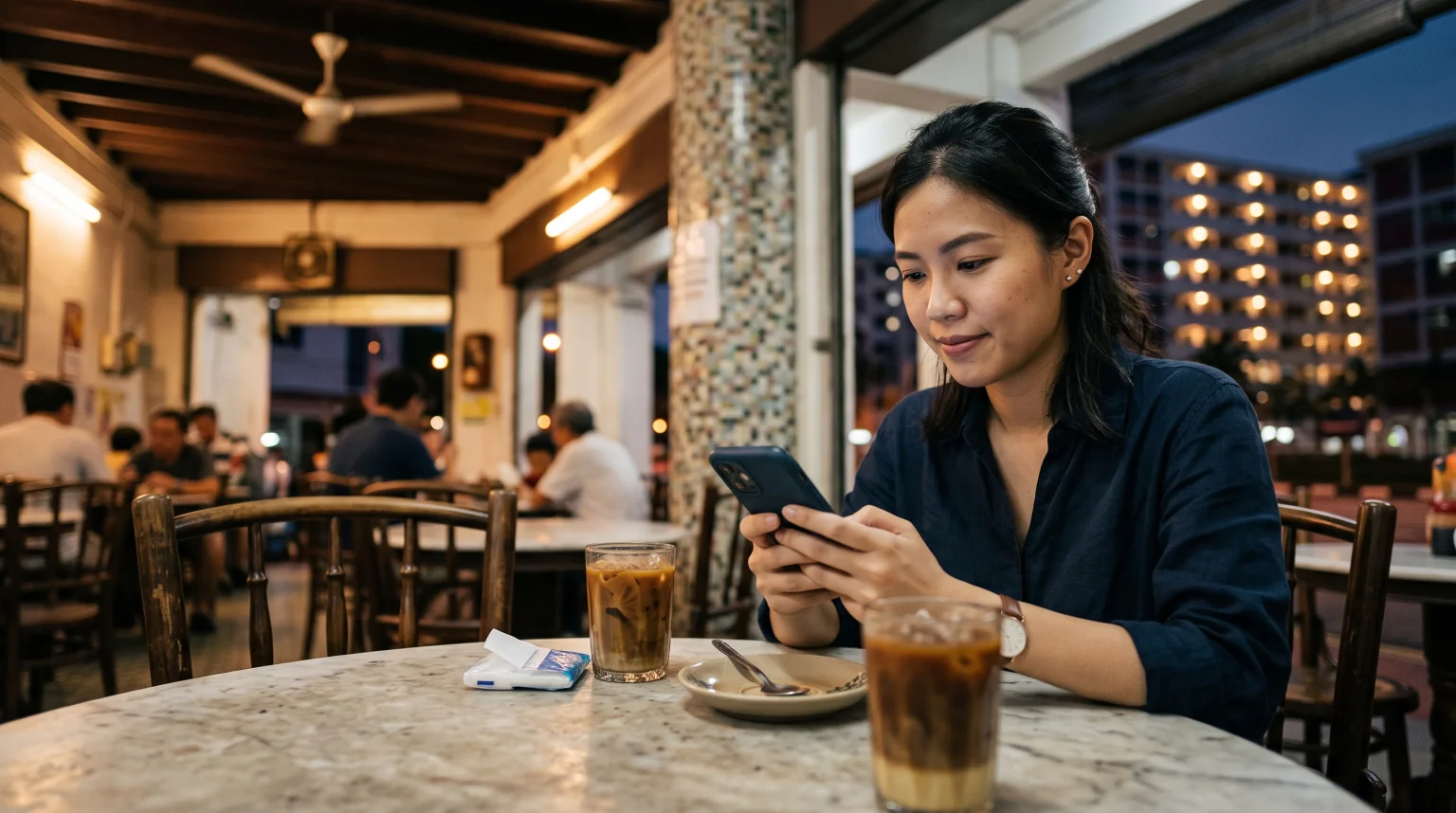 A woman types a message to a business on her phone at a Singapore kopitiam table in the evening