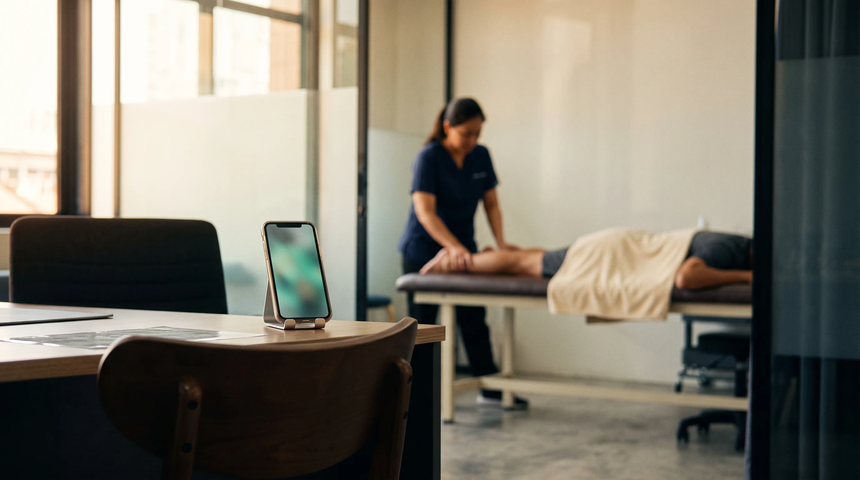 A physiotherapy clinic front desk where a smartphone quietly handles bookings while treatment continues behind