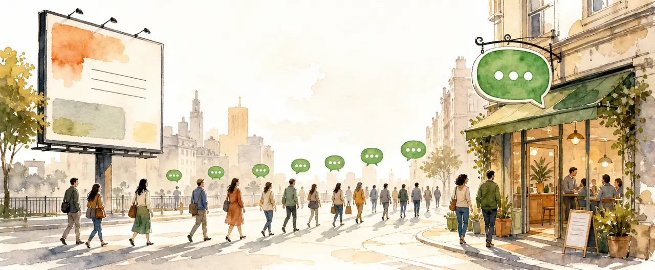 Watercolour illustration of a city street where a stream of people walks from a large billboard towards a shopfront hung with a green chat bubble sign
