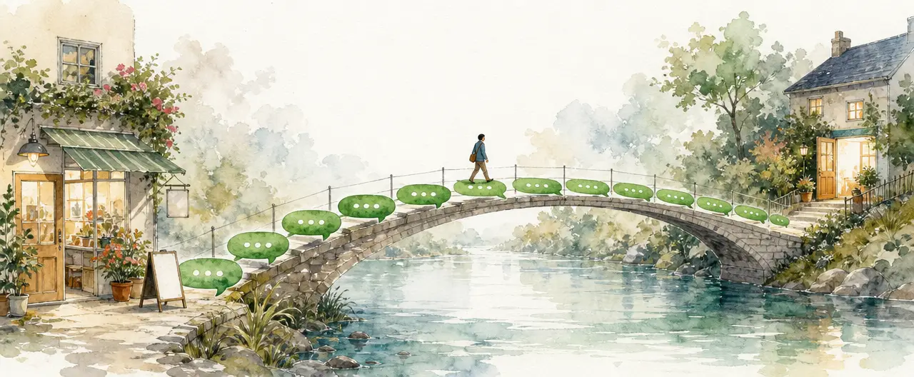 Watercolour illustration of a footbridge made of green chat bubble planks crossing a wide river from a small shopfront to a warm lit house