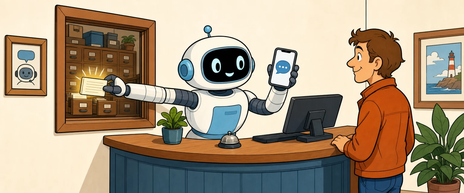 Comic illustration of a robot assistant fetching a record card through a hatch for a customer chat