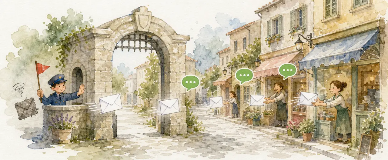 Watercolour illustration of a checkpoint arch over a street of shopfronts where a small guard welcomes envelopes through and turns one flagged envelope away