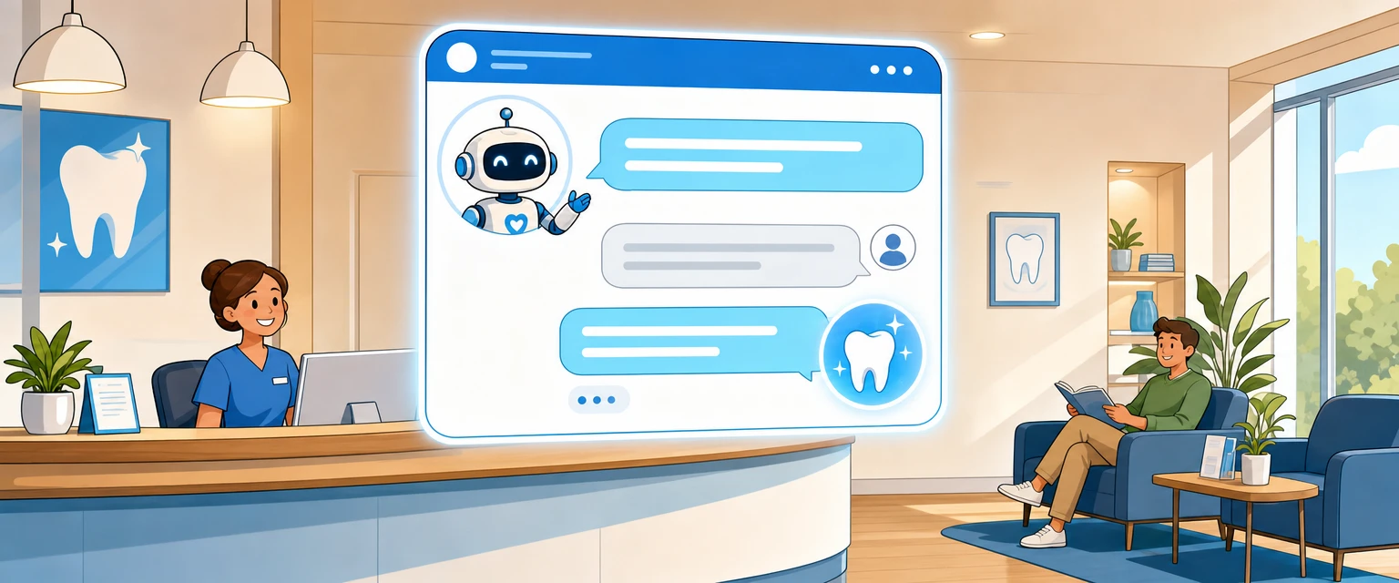 Comic illustration of an AI assistant replying to a patient enquiry above a dental clinic front desk