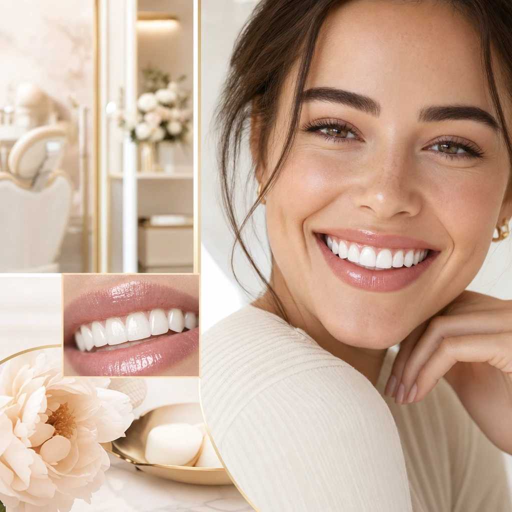 Template header image: a radiant smile in Velora's soft ivory and blush branding