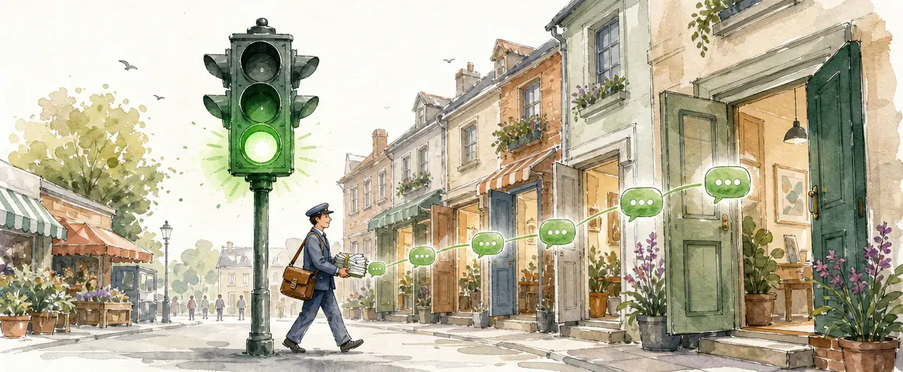 Watercolour illustration of a green traffic light over a small market street where a postal worker delivers letters to open doors