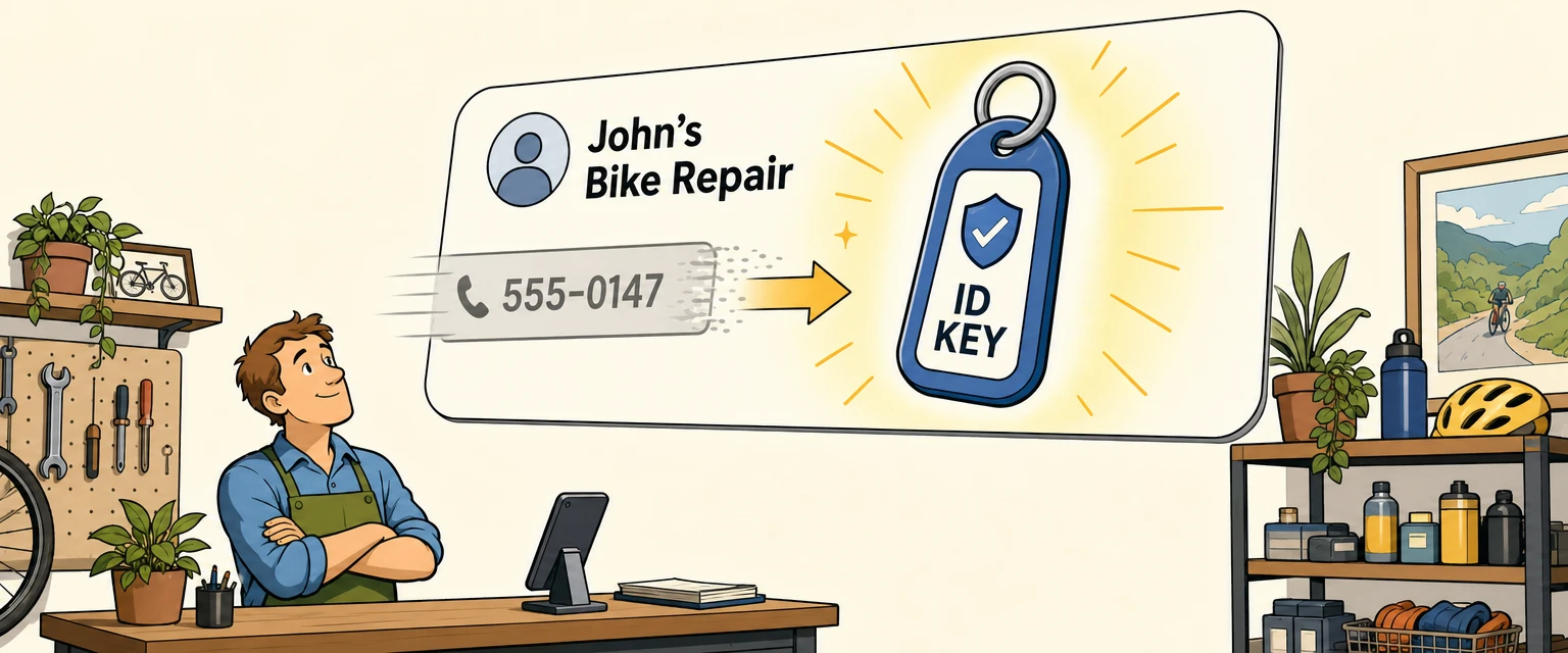 Comic illustration of a business owner watching a contact card's phone number replaced by a stable ID badge