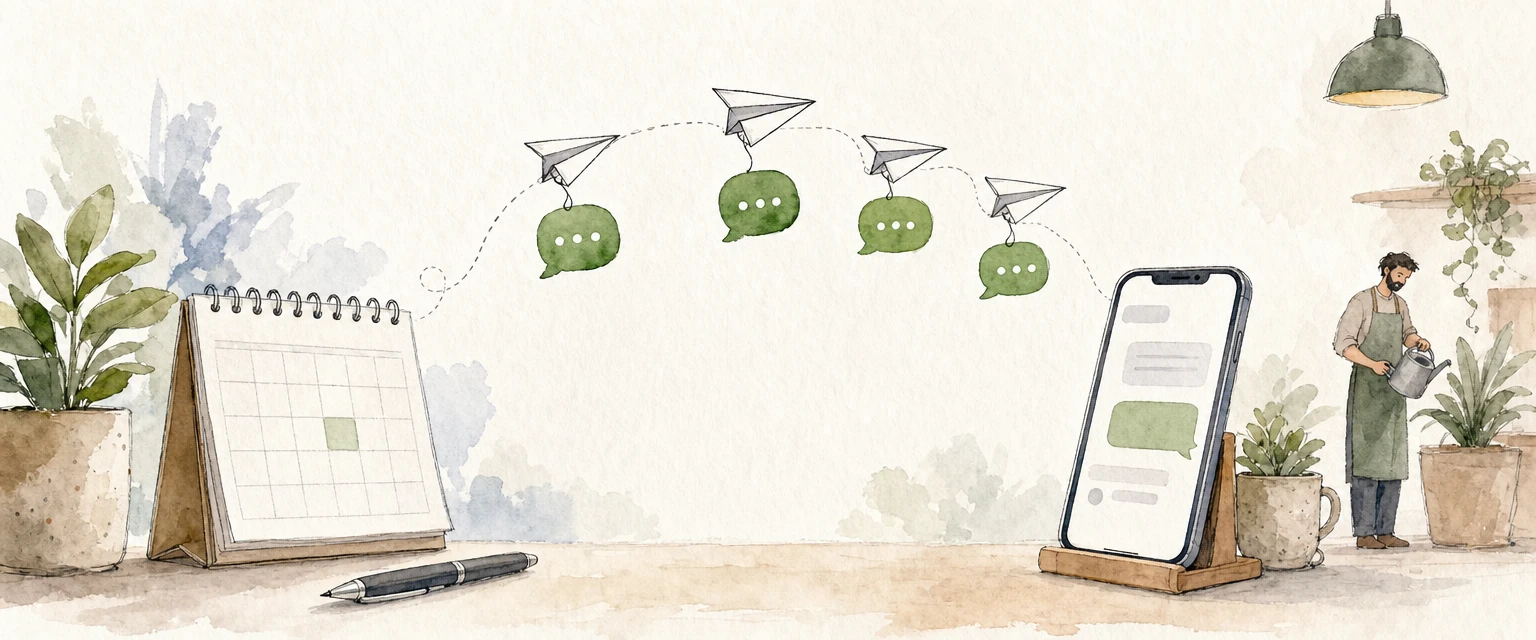 Watercolour illustration of paper planes towing chat bubbles from a desk calendar towards a phone