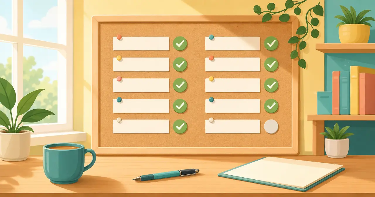 Illustration of a corkboard attendance chart with blank name strips and green tick tokens