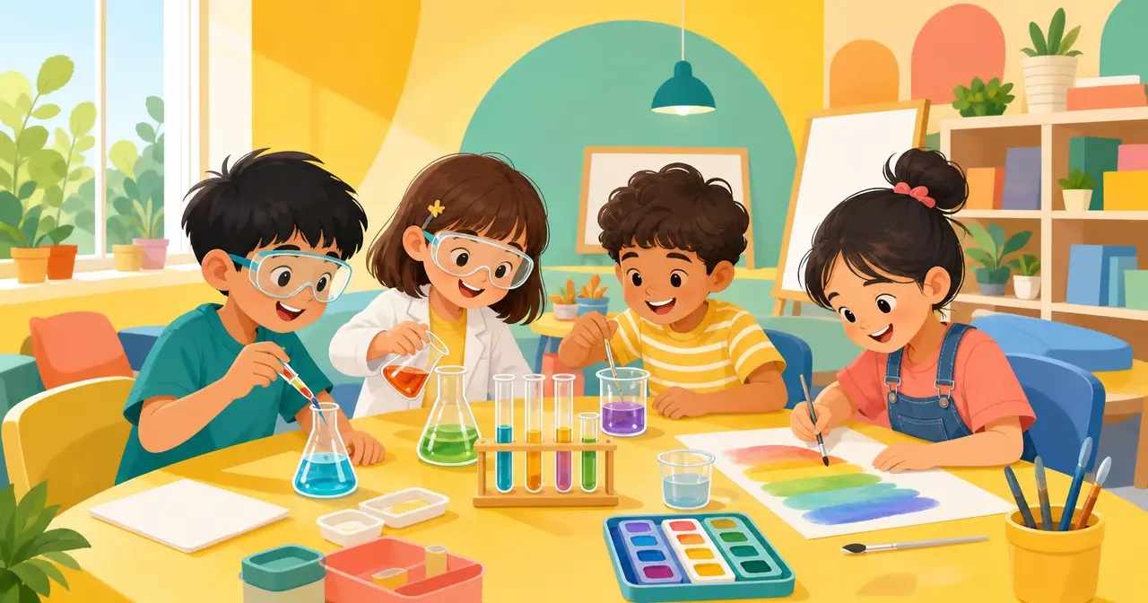 Illustration of children doing a science experiment and painting at a bright classroom table