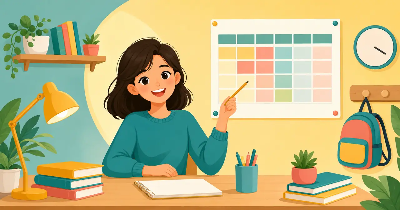 Illustration of a wall clock beside a weekly timetable of blank coloured blocks