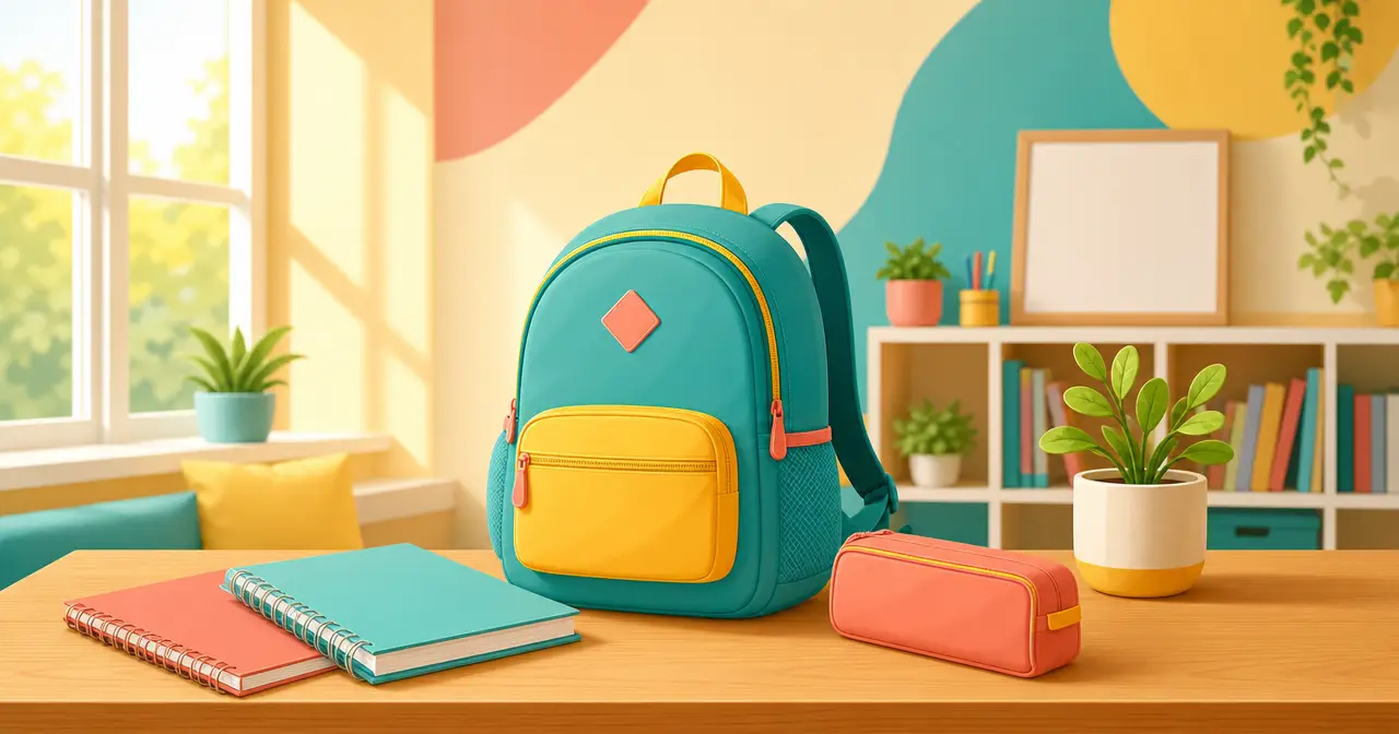 Illustration of a backpack, notebooks and a pencil case on a desk