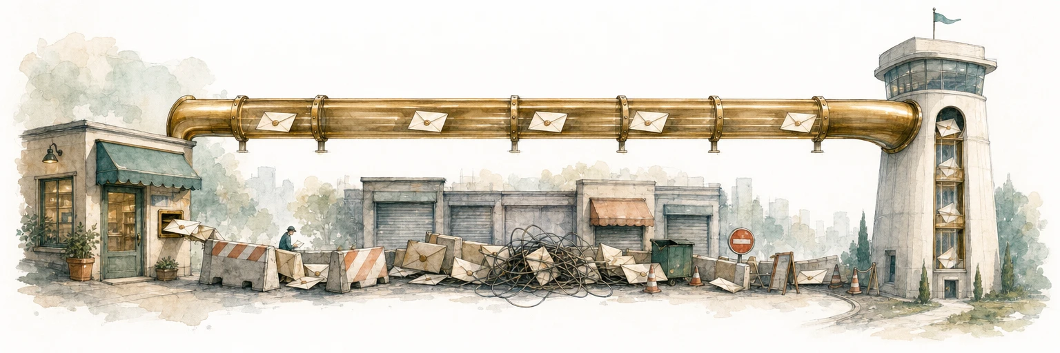 Watercolour illustration of two delivery routes from a shop to a tower: a cluttered public street where signals get stuck, and a clean private tube where they glide straight through