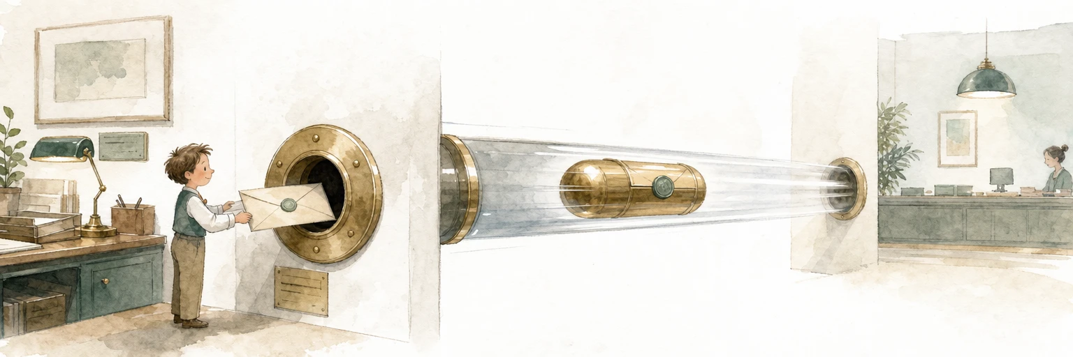 Watercolour illustration of a helper loading a sealed capsule into a pneumatic brass tube that carries it straight out of the back office, bypassing the front counter
