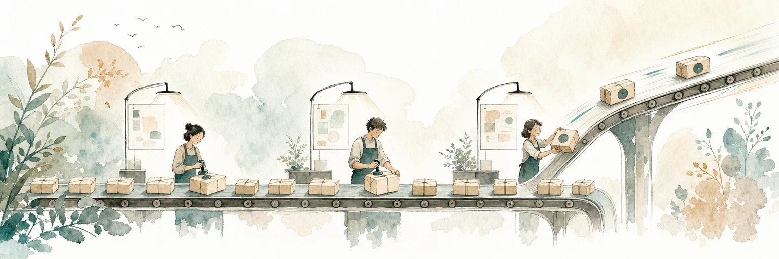 Watercolour illustration of a conveyor of parcels passing sorting stations where helpers pick out and stamp the most important events onto a faster track