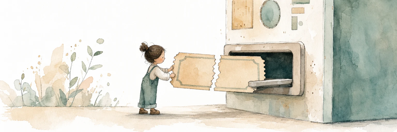 Watercolour illustration of a helper fitting together the two torn halves of a single ticket so the edges align, then sliding it into a slot