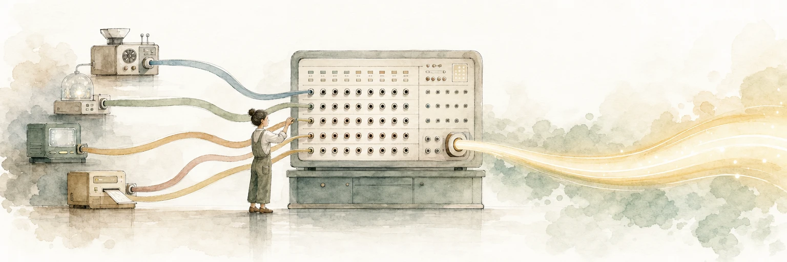 Watercolour illustration of a tidy switchboard where ribbon cables from several machines are patched into one central hub that sends a single clean signal onward